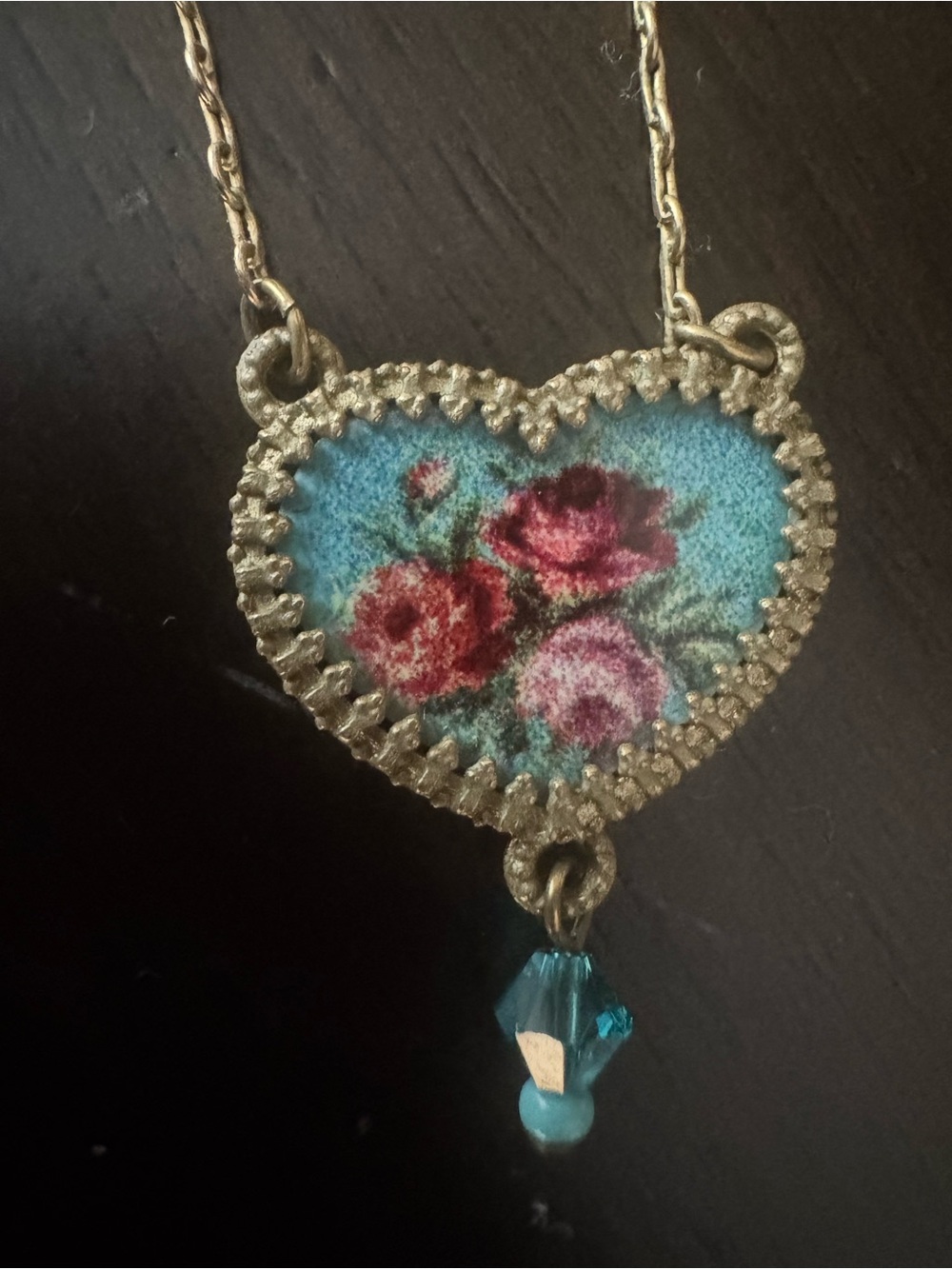 Michal Negrin Gold-Tone Heart Necklace with Blue Enamel and Rose Motif